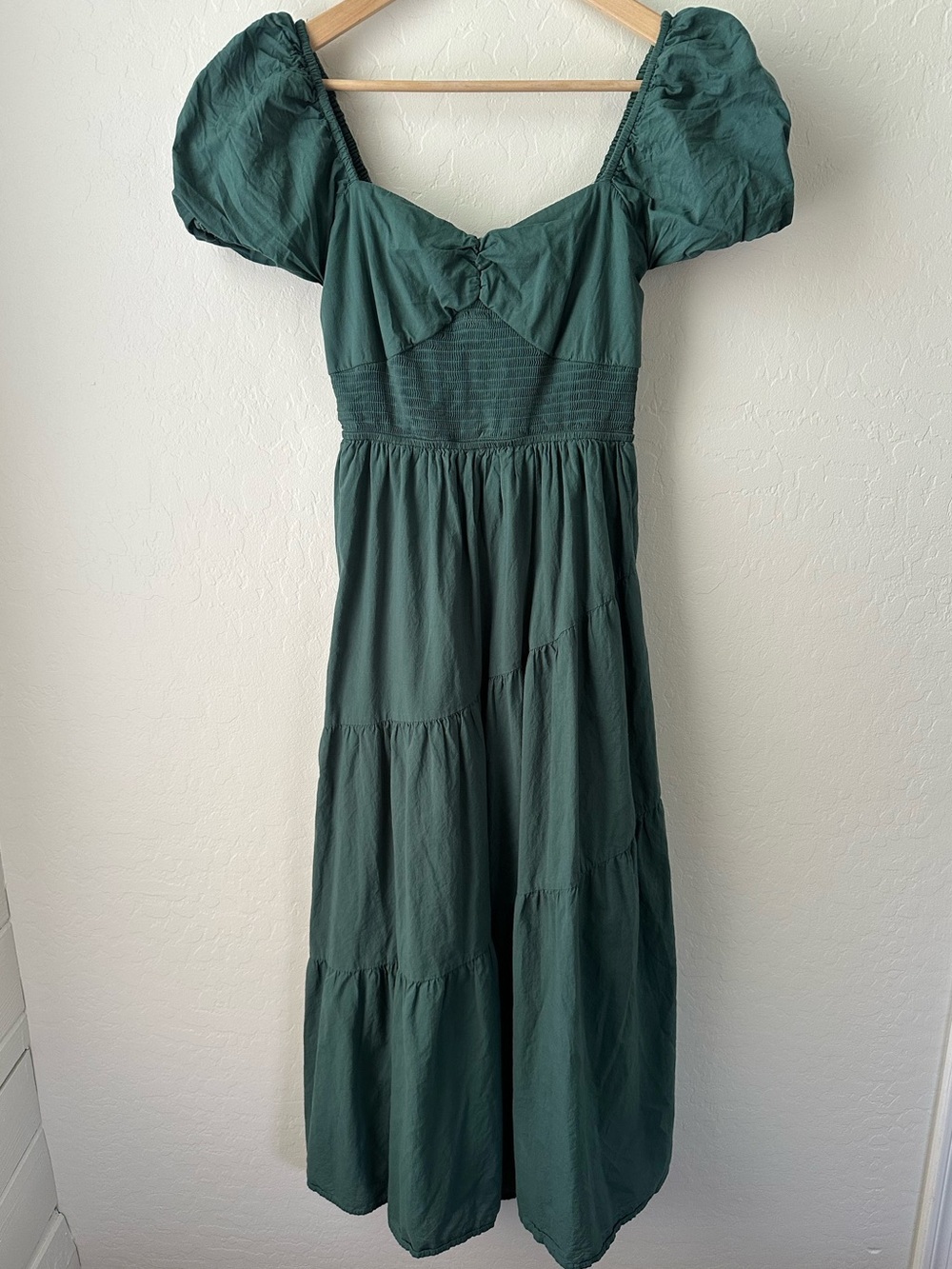 Bailey Blue Emerald Green Puff Sleeve Smocked Tiered Maxi Dress 100% Cotton M - Picture 2 of 6